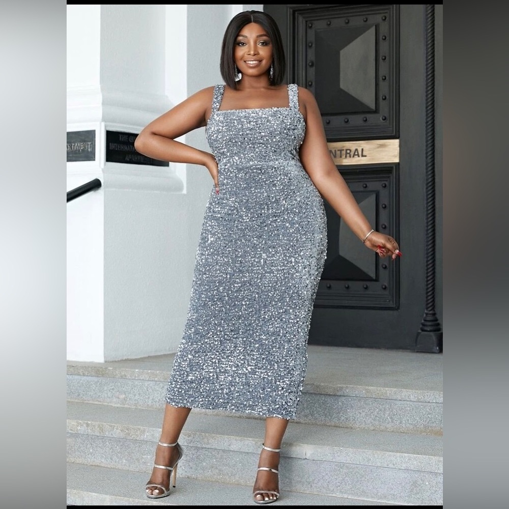 Shein Seomiscky Gray Split Back Sequin dress Size 1XL